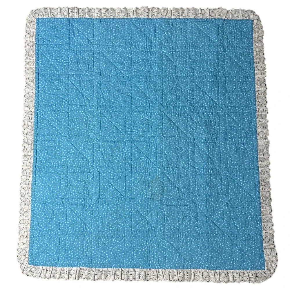 Vintage Raggedy Ann Andy Baby Quilt Blanket Blue White Lace Trim 44x40 Patchwork
